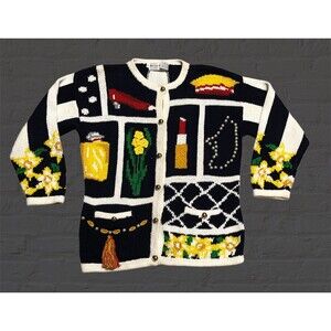 1991 The Eagles Eye Cardigan Sweater Flowers Lipstick Faux Pearls Vintage